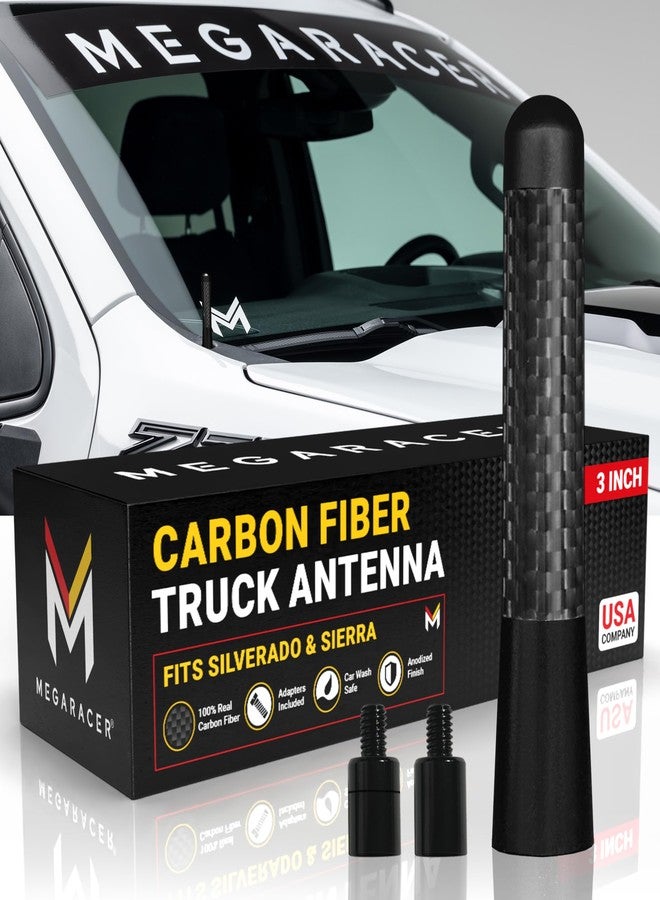 Mega Racer Anodized 3" Short Black Carbon Fiber Truck Antenna for Chevy Silverado & GMC Sierra 1500 2500 (1999-2026) – Billet Aluminum, UV & Chip-Resistant, Car Wash Safe, Small Stubby Replacement Accessories - Image 1